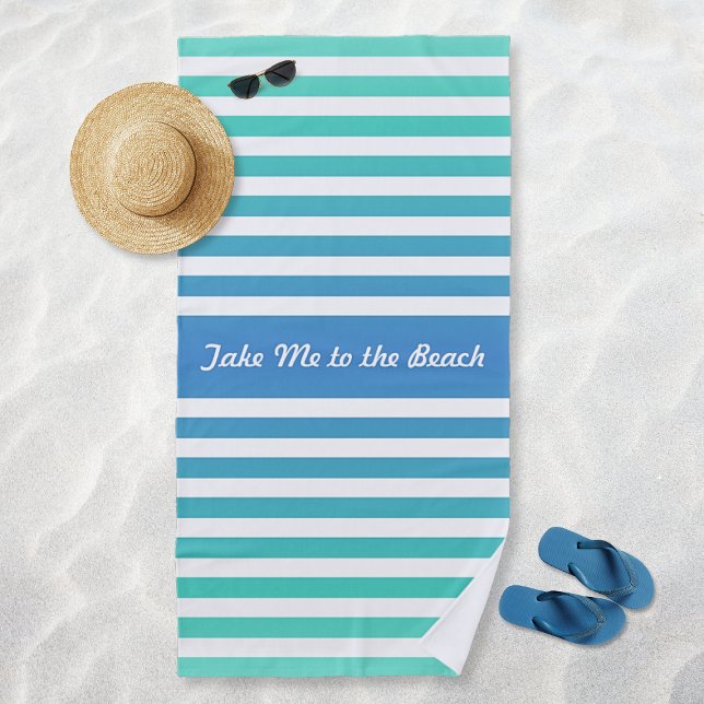 Serviette De Plage Turquoise Bleu Blanc rayé Personnalisé (Turquoise Blue White Striped Personalized Beach Towel)