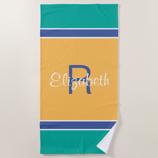 Serviette De Plage Turquoise bleu jaune personnalisé Nom initial (Devant)
