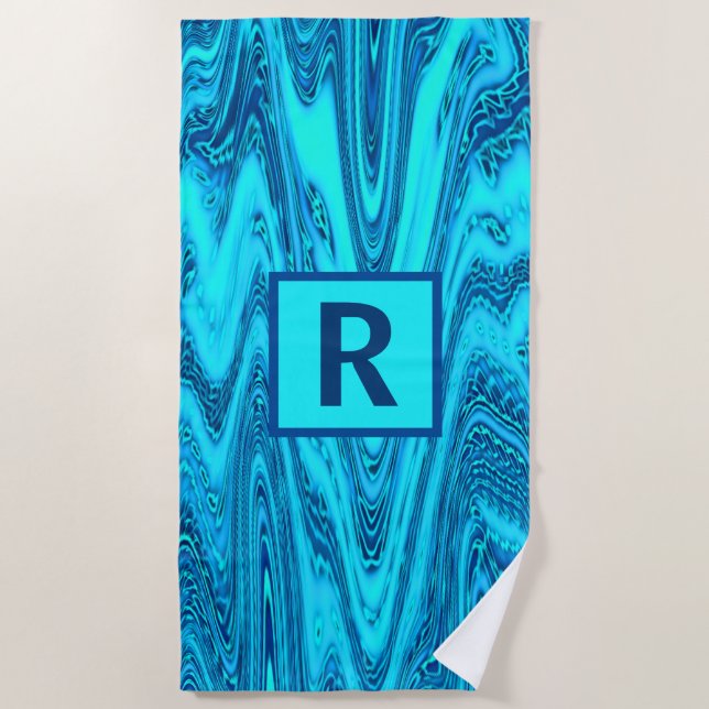 Serviette De Plage Turquoise Océan Bleu Vagues Monogramme Abstrait In (Devant)