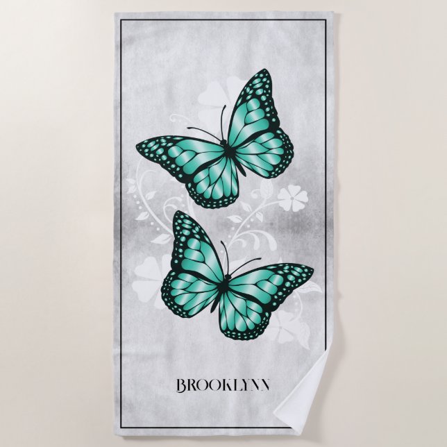 Serviette de plage turquoise Papillon Floral (Devant)