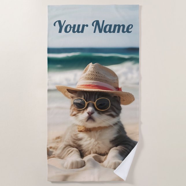 Serviette De Plage Un chat cool à la plage avec des lunettes de solei (Devant)