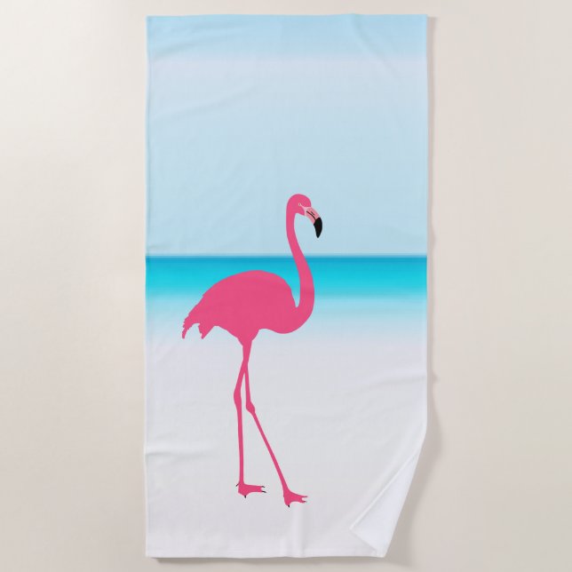 Serviette De Plage Un flamant rose mignon sur la plage (Devant)