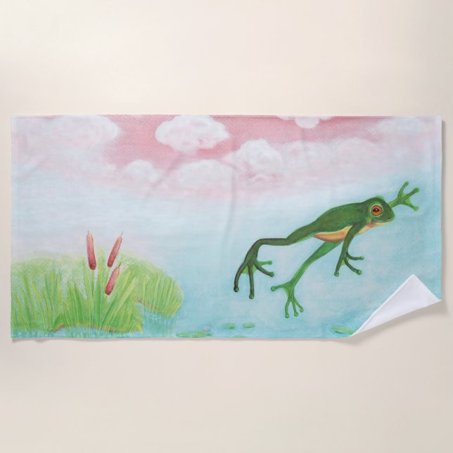 Serviette De Plage Une Grenouille S'Enfonce Dans L'Étang Illustration (Devant)