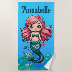 Serviette De Plage Une jolie sirène aux cheveux roses personnalise
