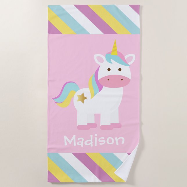 Serviette de plage Unicorn rayée personnalisée (Devant)