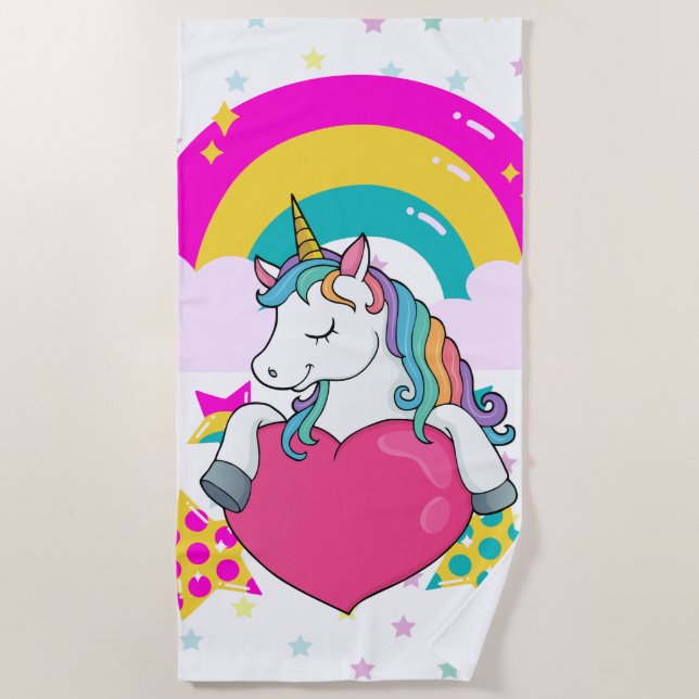 Serviette De Plage Unicorne arc-en-ciel avec étoiles (Devant)