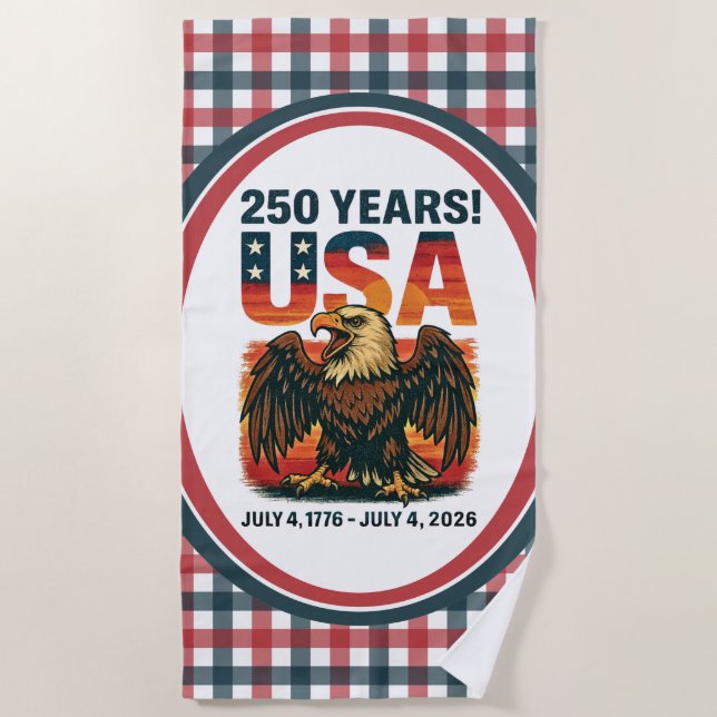 Serviette De Plage USA 250 Years – Patriotic Bald Eagle July 4th 2026 (Devant)