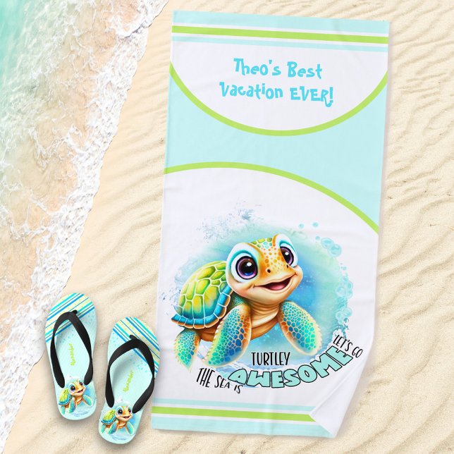 Serviette De Plage Vacances d'été à la Tortue mignonne Garçon personn (Créateur téléchargé)