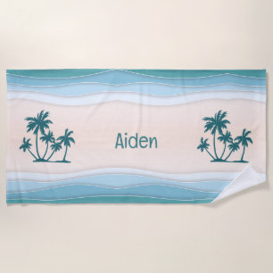 Serviette De Plage Vagues Bleues Vertes Palmiers