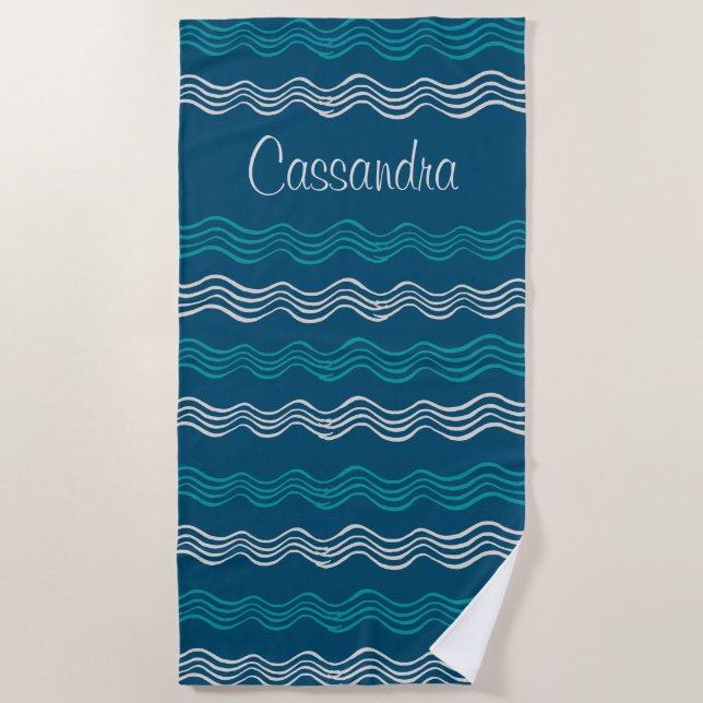 Serviette De Plage Vagues côtières Bleu et Blanc Rayures Nautiques (Devant)