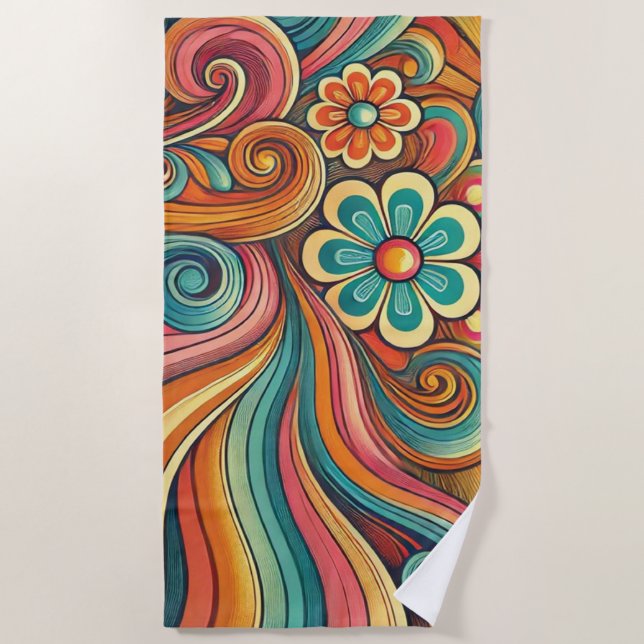Serviette De Plage Vagues florales rétro avec Sunburst (Devant)