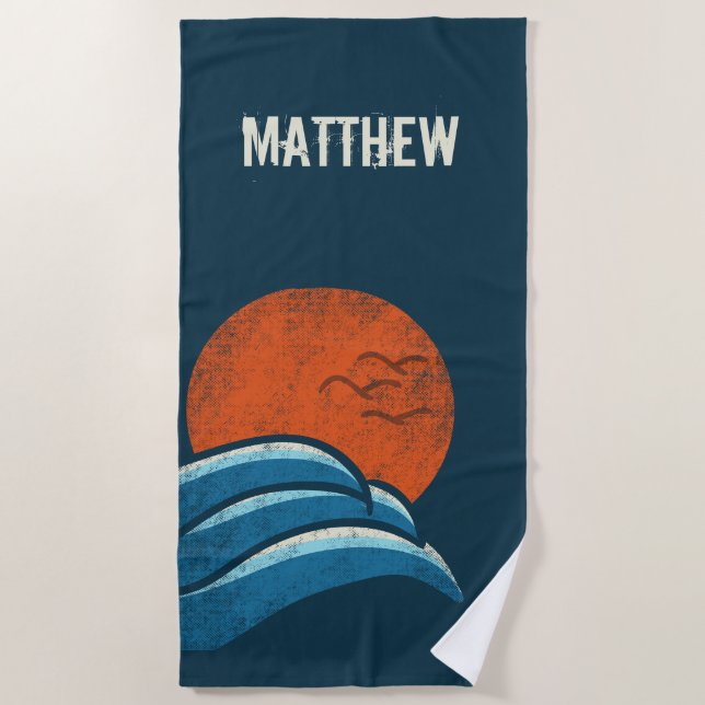 Serviette De Plage Vagues rétro personnalisées et style Surf solaire (Devant)