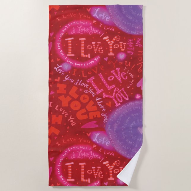 Serviette De Plage Valentine Coeurs Rose Rouge Je t'aime Typographie (Devant)