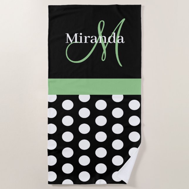 Serviette De Plage Vert Monogramme Noir Blanc Polka Dot Beach Serviet (Devant)