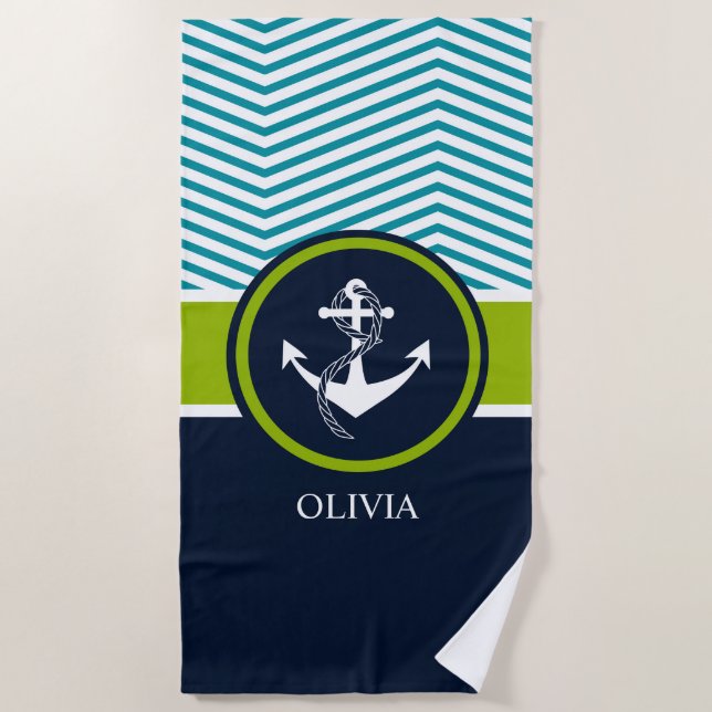 SERVIETTE DE PLAGE VERT NAUTIQUE RAYÉ ET MARINE DE MONOGRAMME D'ANCRE (Devant)