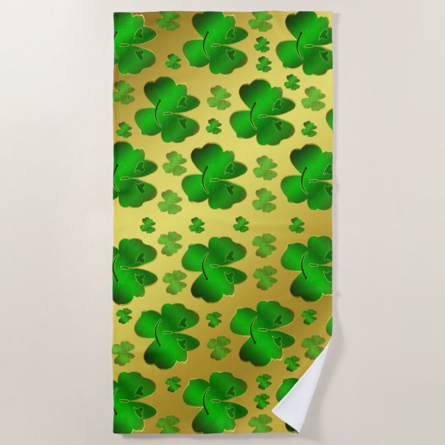 Serviette De Plage vert, shamrock, or, brillant, texte, père Noël pet (Devant)