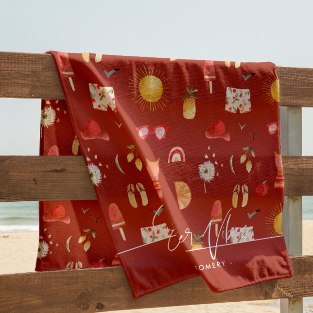 Serviette De Plage Vibes d'été | Boho Retro Summer Monogramme (Créateur téléchargé)