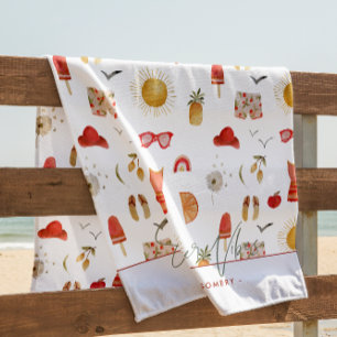 Serviette De Plage Vibes d'été Monogramme Boho Retro Été