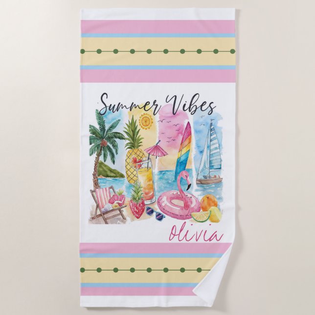 Serviette De Plage Vibes d'été tropicales - Personnalisé juste pour v (Devant)