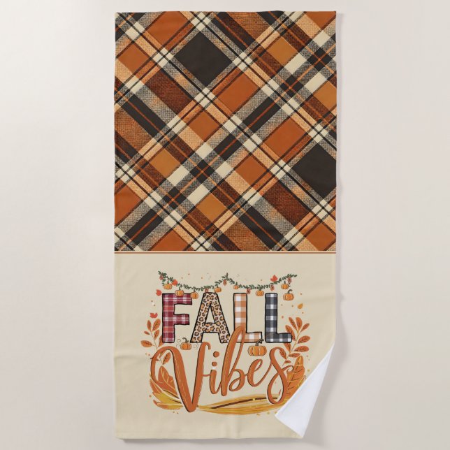 Serviette De Plage Vibes Rustiques Automne Brûlé Orange Plaid Imprime (Devant)