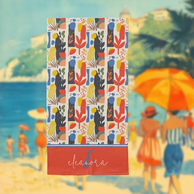 Serviette De Plage Vibrant Rouge, Jaune & Bleu Fauvisme Art Botanique (Créateur téléchargé)
