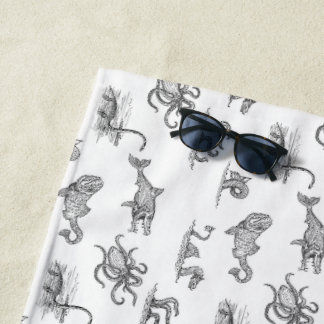 Serviette De Plage Vintage Black & White Sea Monster Line Art Beach