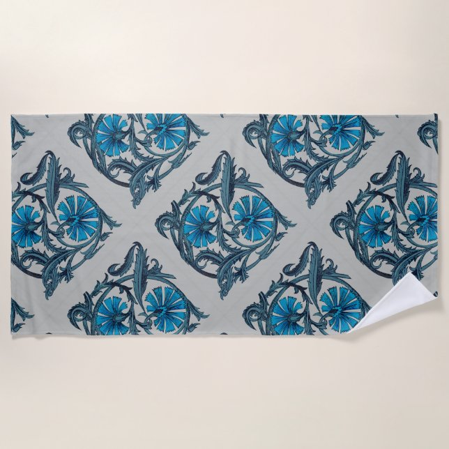 Serviette De Plage vintage bleu antique fleurs artisanat rustique (Devant)