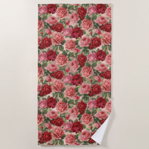 Serviette De Plage Vintage Elegant Rose Rouge Floral sur Rose Rose Or