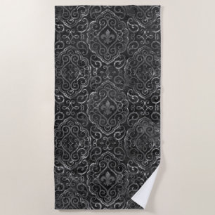 Serviette De Plage Vintage Fleur de Lis   Black Silver Grunge Damask