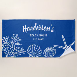 Serviette De Plage Vintage Shell Starfish Beach House Nom bleu blanc