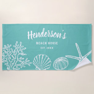 Serviette De Plage Vintage Shell Starfish Beach House Nom Sea Green