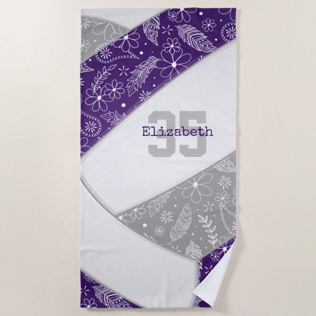 Serviette De Plage violet gris boho floral paisley motif volleyball (Devant)