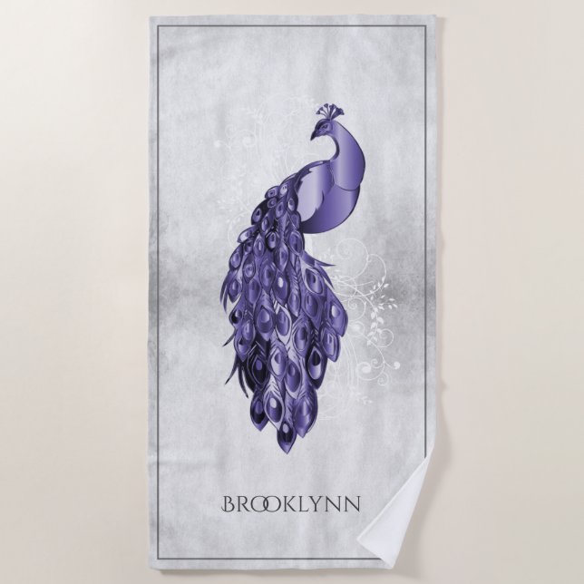Serviette de plage violette Elegant Peacock (Devant)