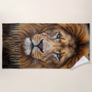 Serviette De Plage Visage de lion majestueux aux yeux bleus Faune A