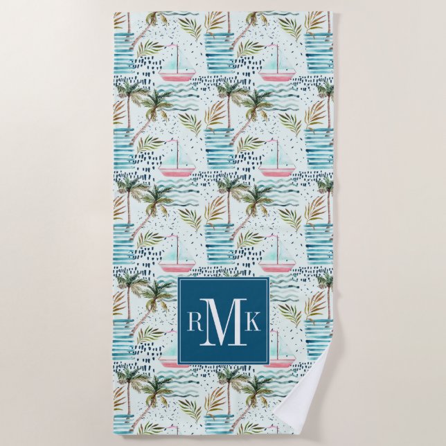 Serviette De Plage Voilier d'aquarelle avec le motif de palmier (Devant)
