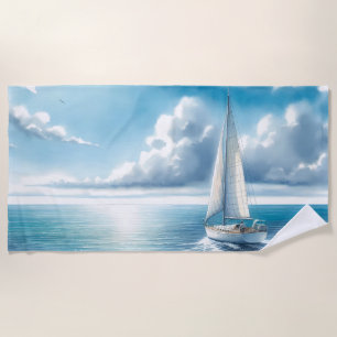 Serviette De Plage Voilier Solitaire à l'Horizon Bleu