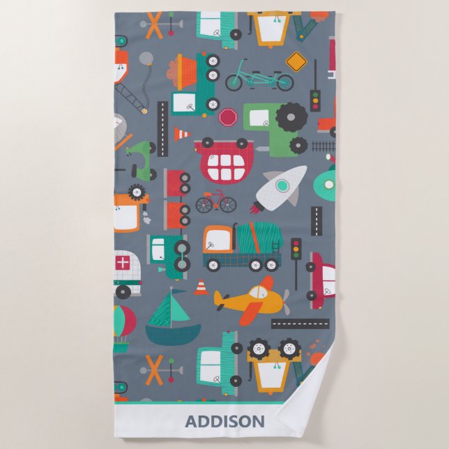 Serviette De Plage Voitures Camions Véhicules Enfants Motif Personnal (Devant)