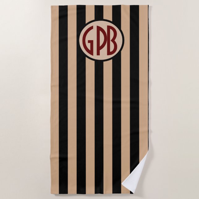 Serviette De Plage Votre monogramme sur les rayures noires et (Devant)