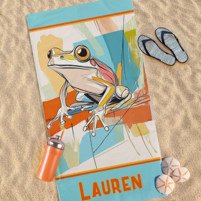 Serviette De Plage Votre nom Grenouille Turquoise Art (Créateur téléchargé)