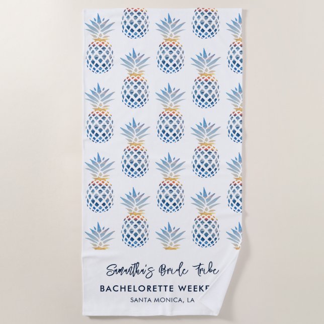Serviette De Plage Week-end de Demoiselle d'Honneur Blanc Bleu Ananas (Devant)