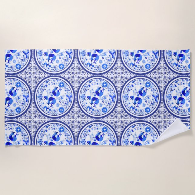 Serviette De Plage Weimaraners, Rabbits and Birds Otomi Blue & White  (Devant)