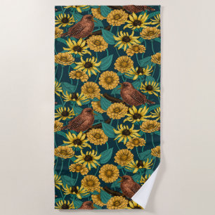 Serviette De Plage Wens et fleurs sur bleu foncé