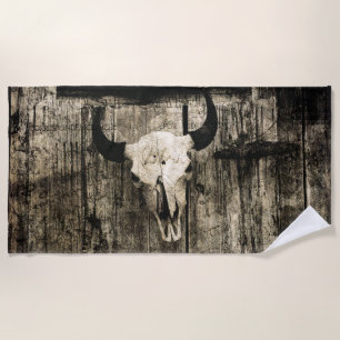 Serviette De Plage Western Rustic Bull Crâne Bois Grange Sepia Vintag