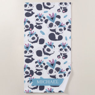 Serviette De Plage Whimsical Bohemian Panda Motif Nom personnalisé