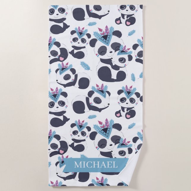 Serviette De Plage Whimsical Bohemian Panda Motif Nom personnalisé (Devant)