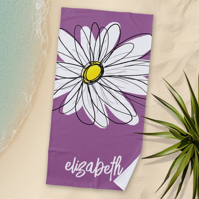 Serviette De Plage Whimsical Daisy - orchidée - nom de script tendanc (Personalized Beach Towel with Daisy and Text)