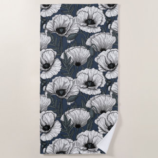 Serviette De Plage White poppies on navy