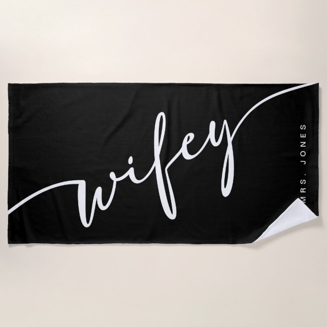 Serviette de plage Wifey noir et blanc, cadeau pou (Devant)