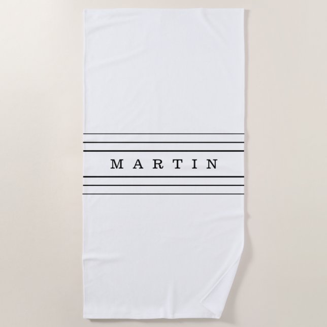 Serviette De Plage Your Custom Text & Modern Stripes | Black & White (Devant)