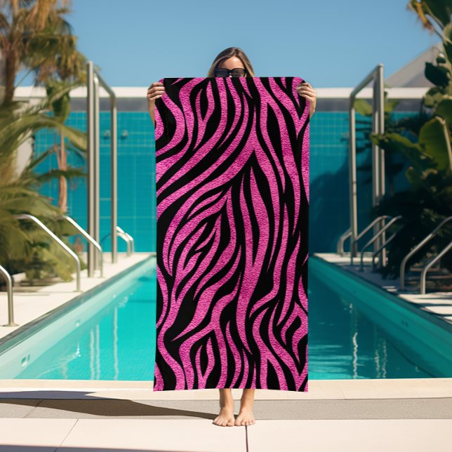 Serviette De Plage Zebra Print Black Hot Pink (Hot pink and black zebra print beach towel (white on reverse side))